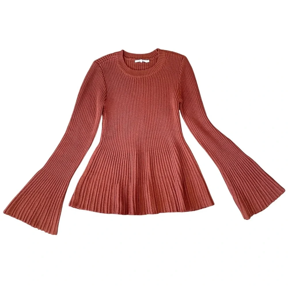 Tularosa Ribbed Knit S Sweater Rust Orange Flare Sleeve 70s Inspired